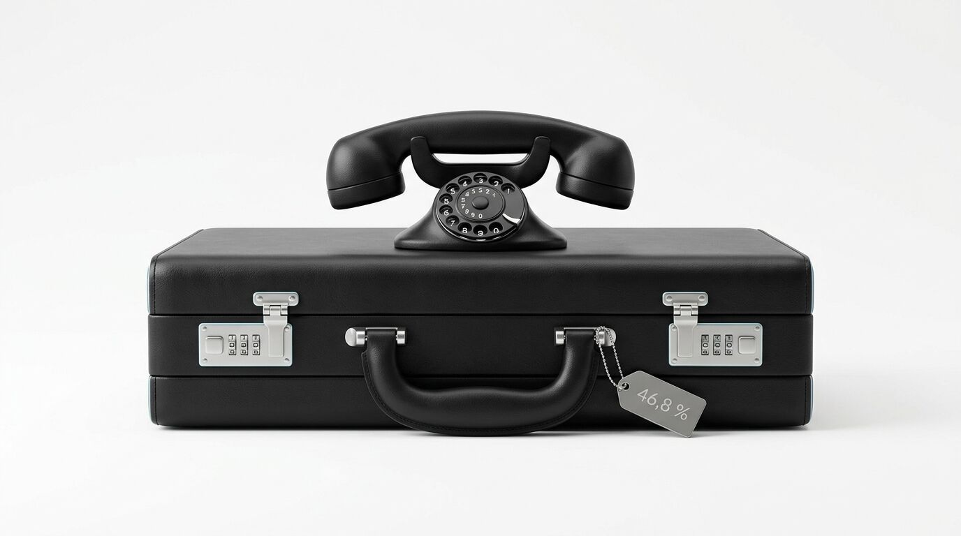 Schwarzer Koffer mit Wählscheibentelefon obenauf und Preisschild mit 46,8 % Beschriftung
