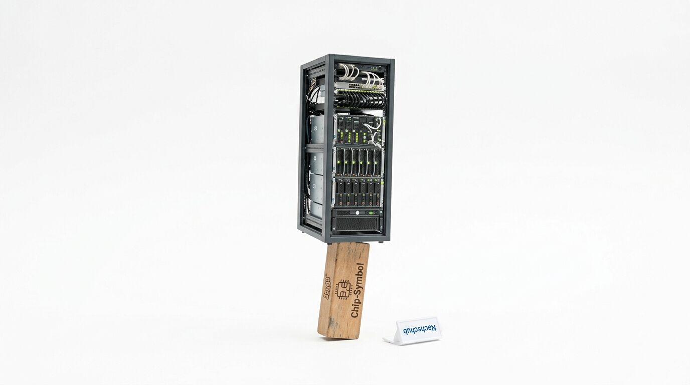 Ein stehendes Serverrack balanciert schräg auf einem Holzklotz vor weißem Hintergrund