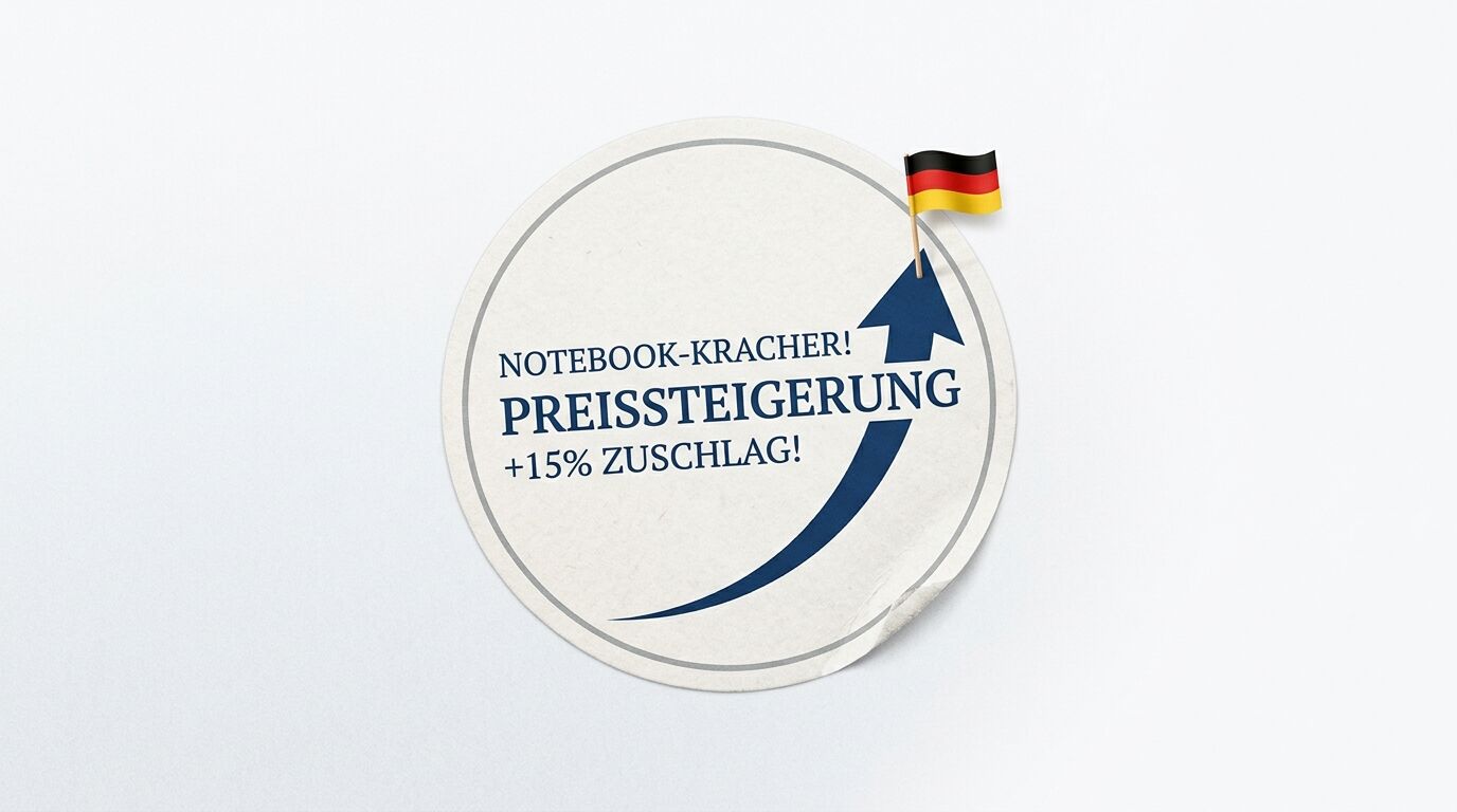 Runder Aufkleber mit Text, blauem Pfeil nach oben und deutscher Flagge auf hellem Grund