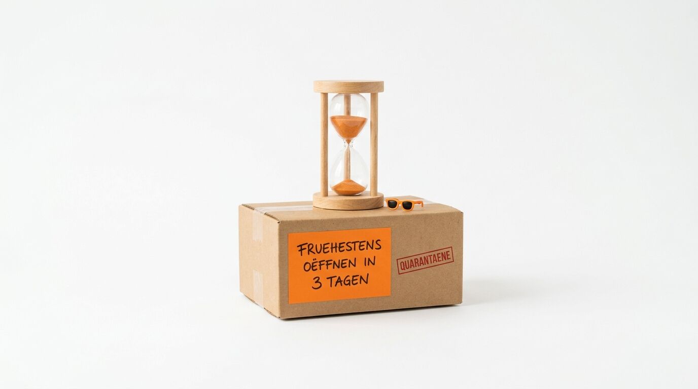 Karton mit Sanduhr, Sonnenbrille und Beschriftung: „Frühestens öffnen in 3 Tagen“