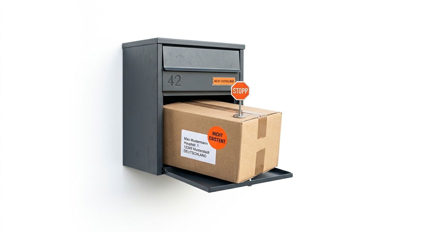 Paket mit Aufklebern in Briefkasten mit Warnungen und Hausnummer 42