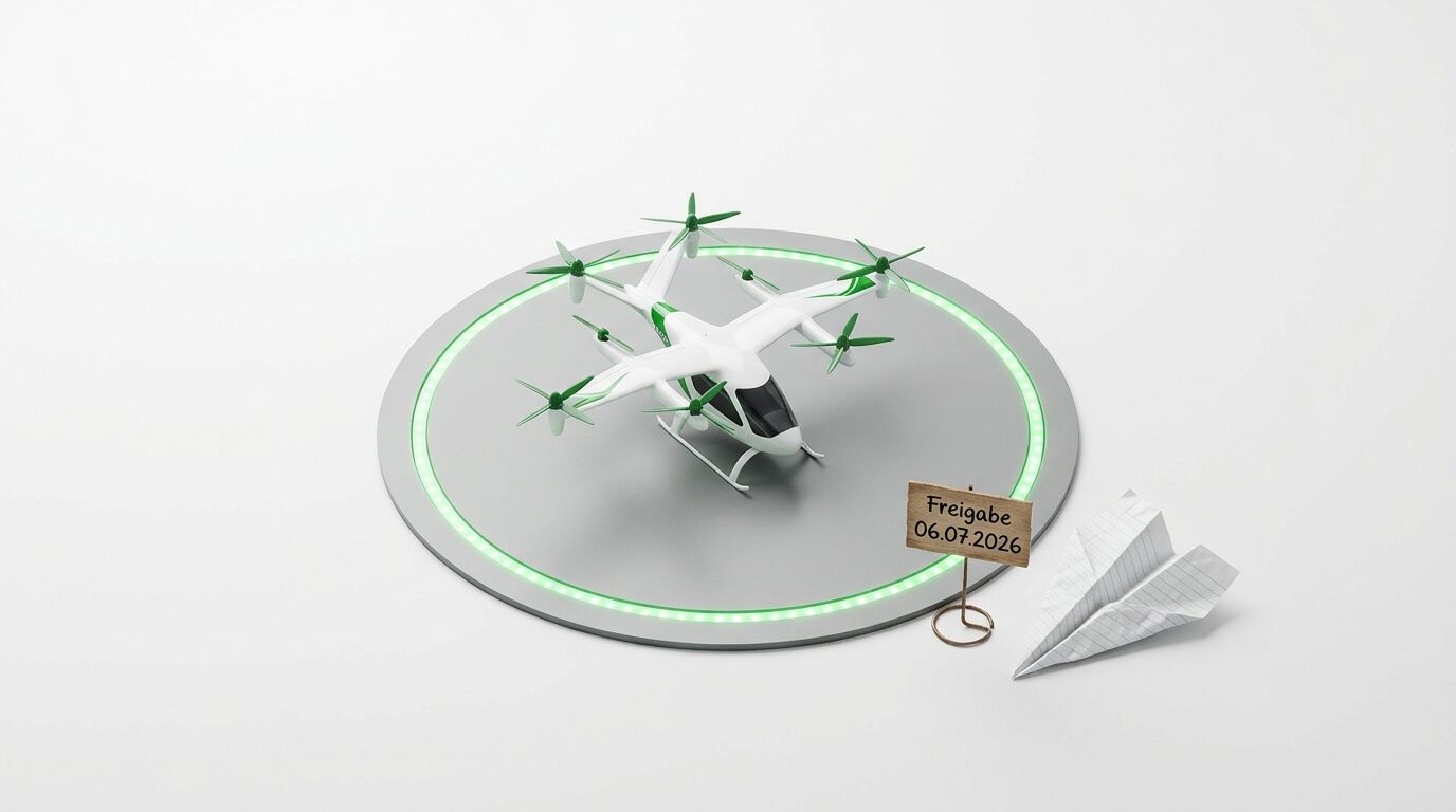 Flugtaxi-Modell auf leuchtendem Podest, mit
