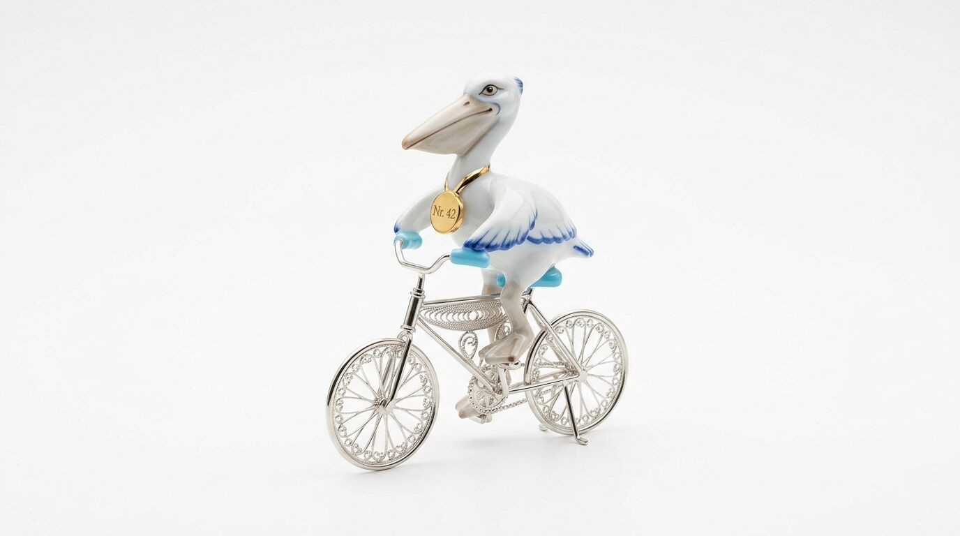Porzellanfigur eines Pelikans mit Goldkette „Nr. 42“ auf einem silbernen Fahrrad