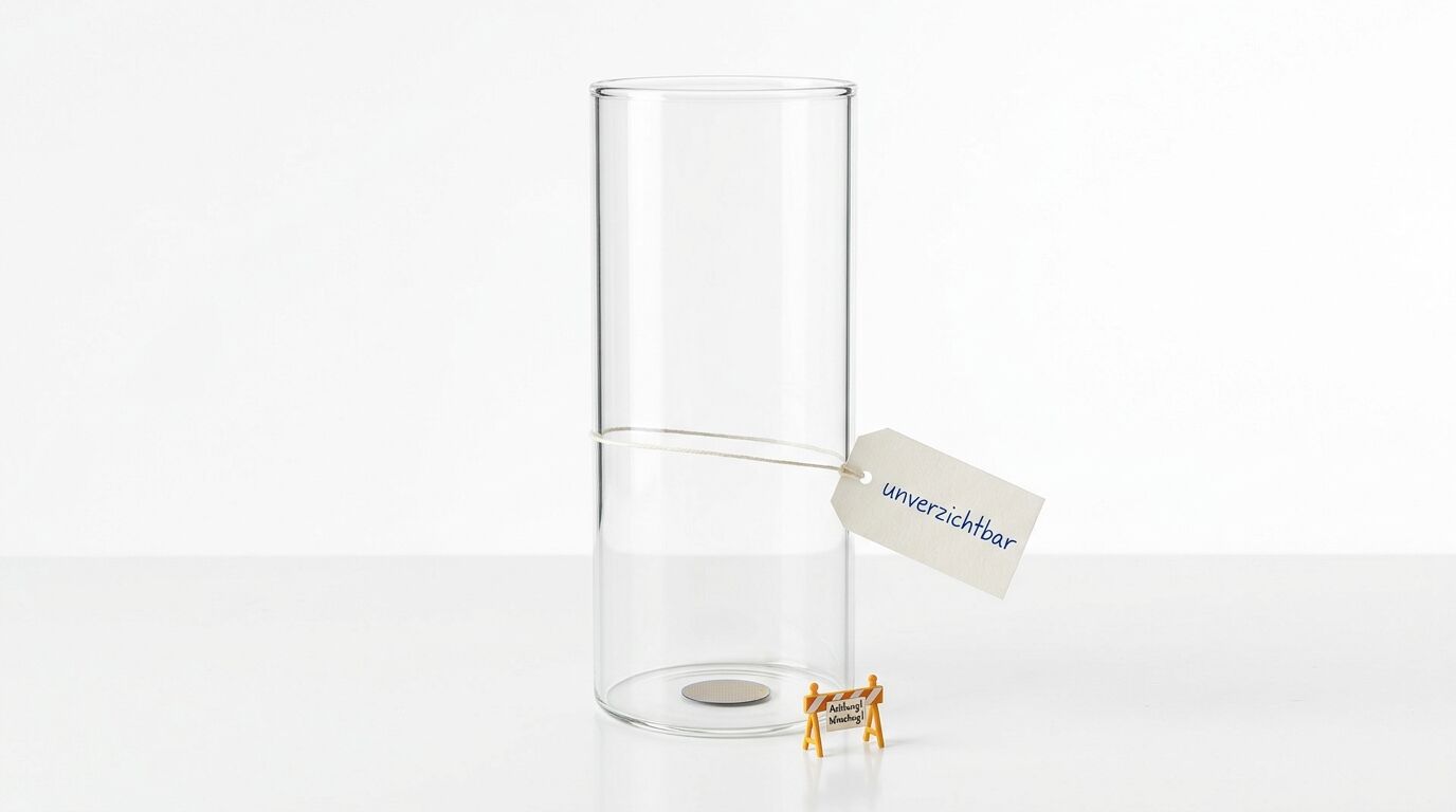 Glaszylinder mit Schild „unverzichtbar“ und kleiner Baustellenabsperrung auf Weiß