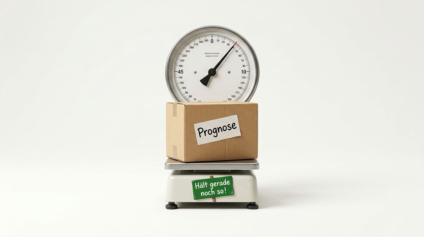 Waage mit Paket „Prognose“ und Schild „Hält gerade noch so!“