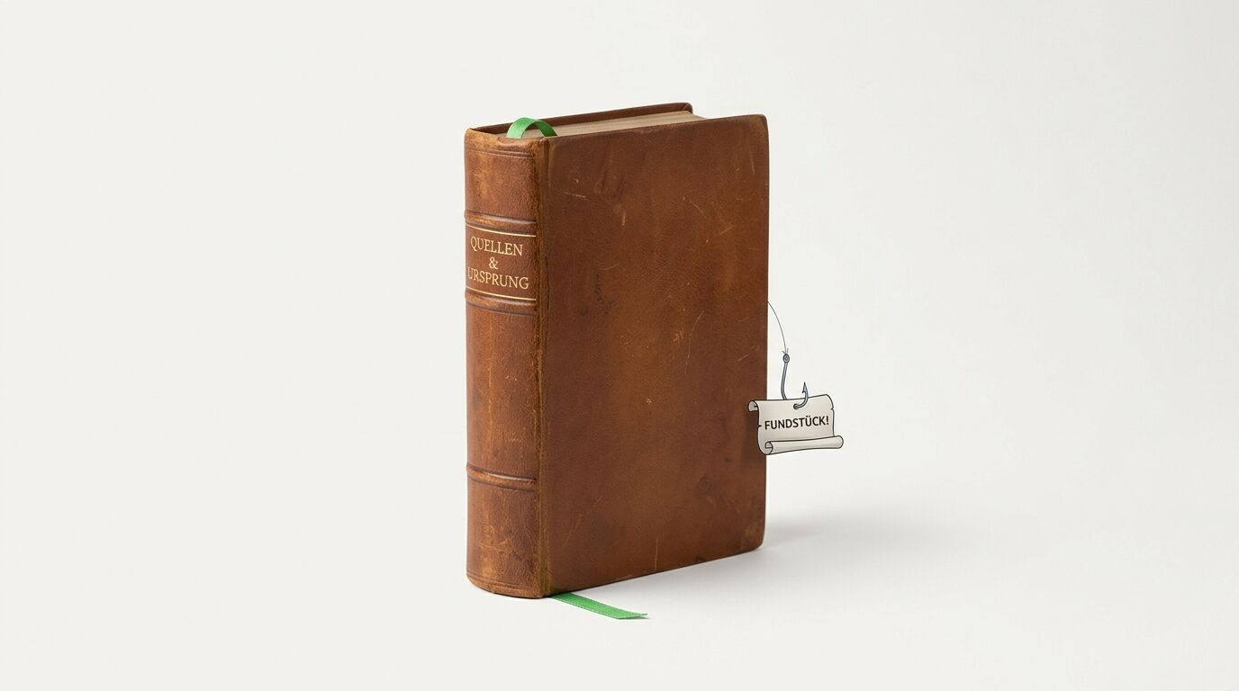 Ein Lederband mit grünem Band; ein Haken mit „Fundstück!“-Zettel hängt am Buch