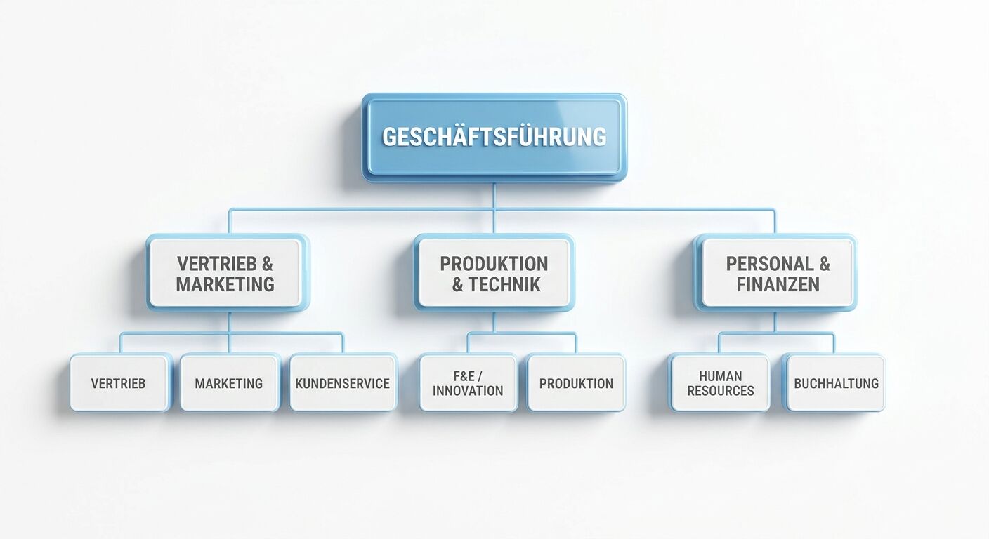Ein Unternehmensorganigramm mit verschiedenen Abteilungen in einem hellblauen Flussdiagramm