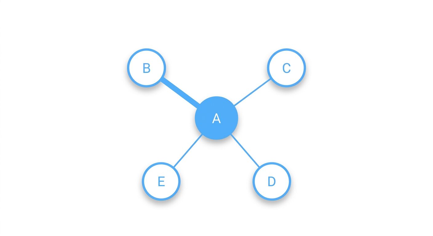 Diagramm mit zentralem Knoten A, verbunden mit B (dicke Linie), C, D, E (dünne Linien)