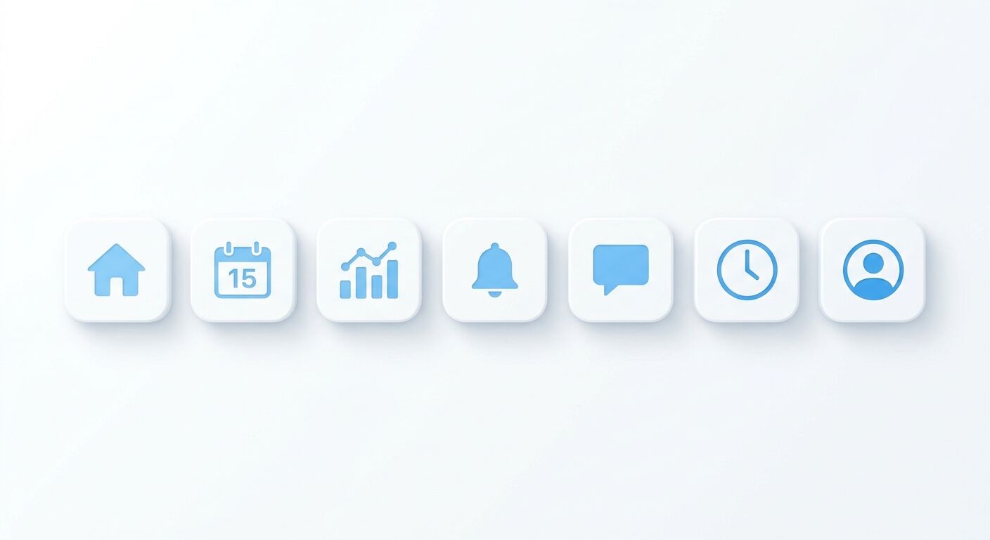 Eine horizontale Reihe mit sieben hellblauen, neomorphen Icons auf weißem Hintergrund