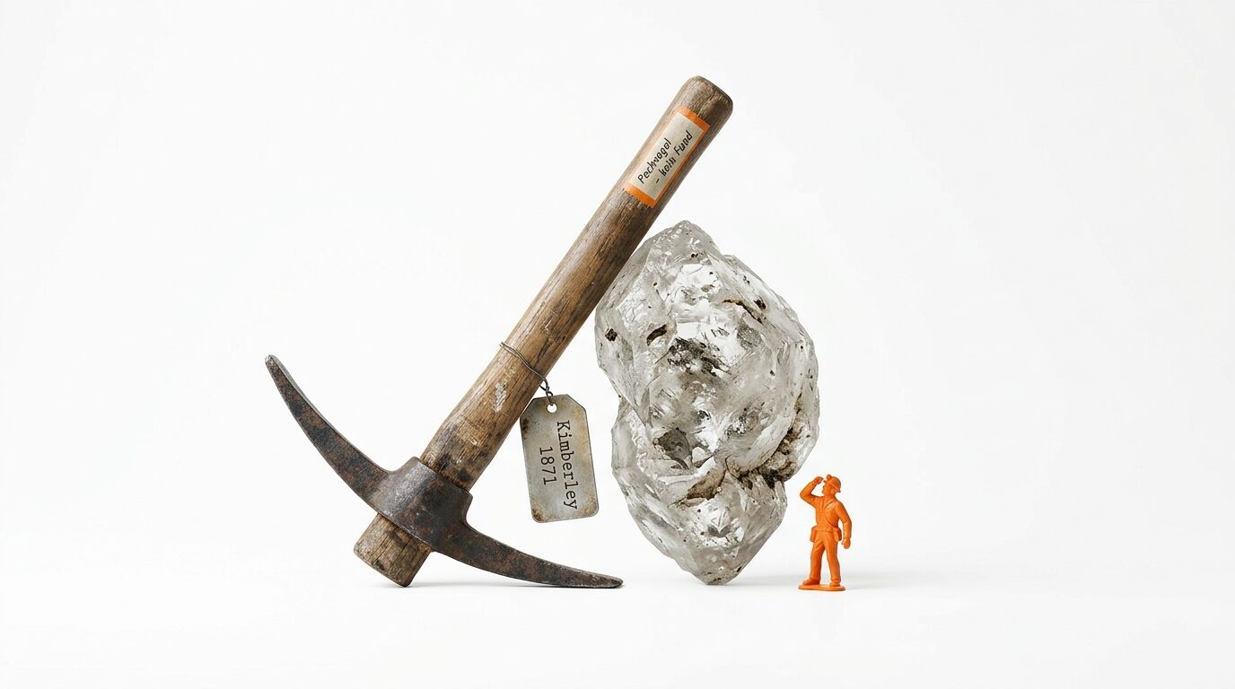 Spitzhacke, großer Kristall und kleine Figur eines Bergmanns