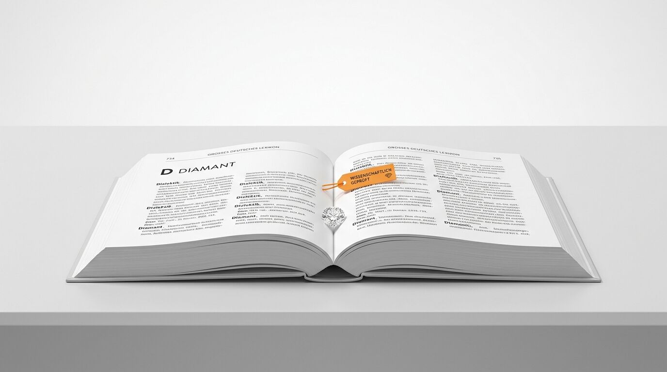 Ein aufgeschlagenes deutsches Lexikon liegt auf einem weißen Tisch. Die linke Seite zeigt einen Eintrag für das Wort „DIAMANT“. Ein geschliffener Diamant mit einem orangefarbenen, beschrifteten Etikett befindet sich auf der rechten Seite. Das Etikett trägt die Aufschrift „WISSENSCHAFTLICH GEPRÜFT“