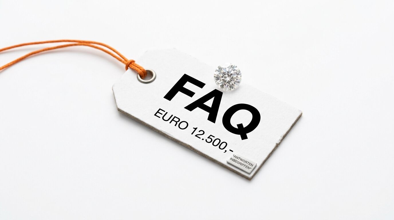 Preisschild mit „FAQ“, Preisangabe „EURO 12.500,-“ und einem Diamanten darauf