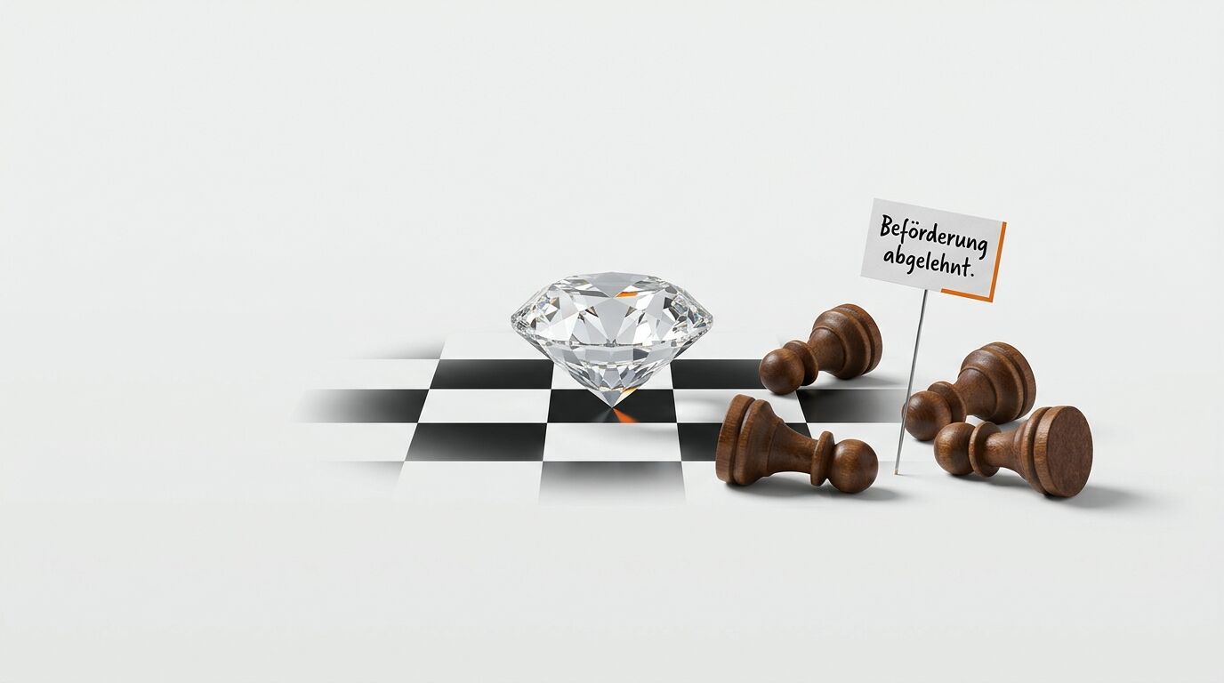 Auf einem Schachbrett steht ein Diamant; umgefallene Bauern und ein Schild daneben