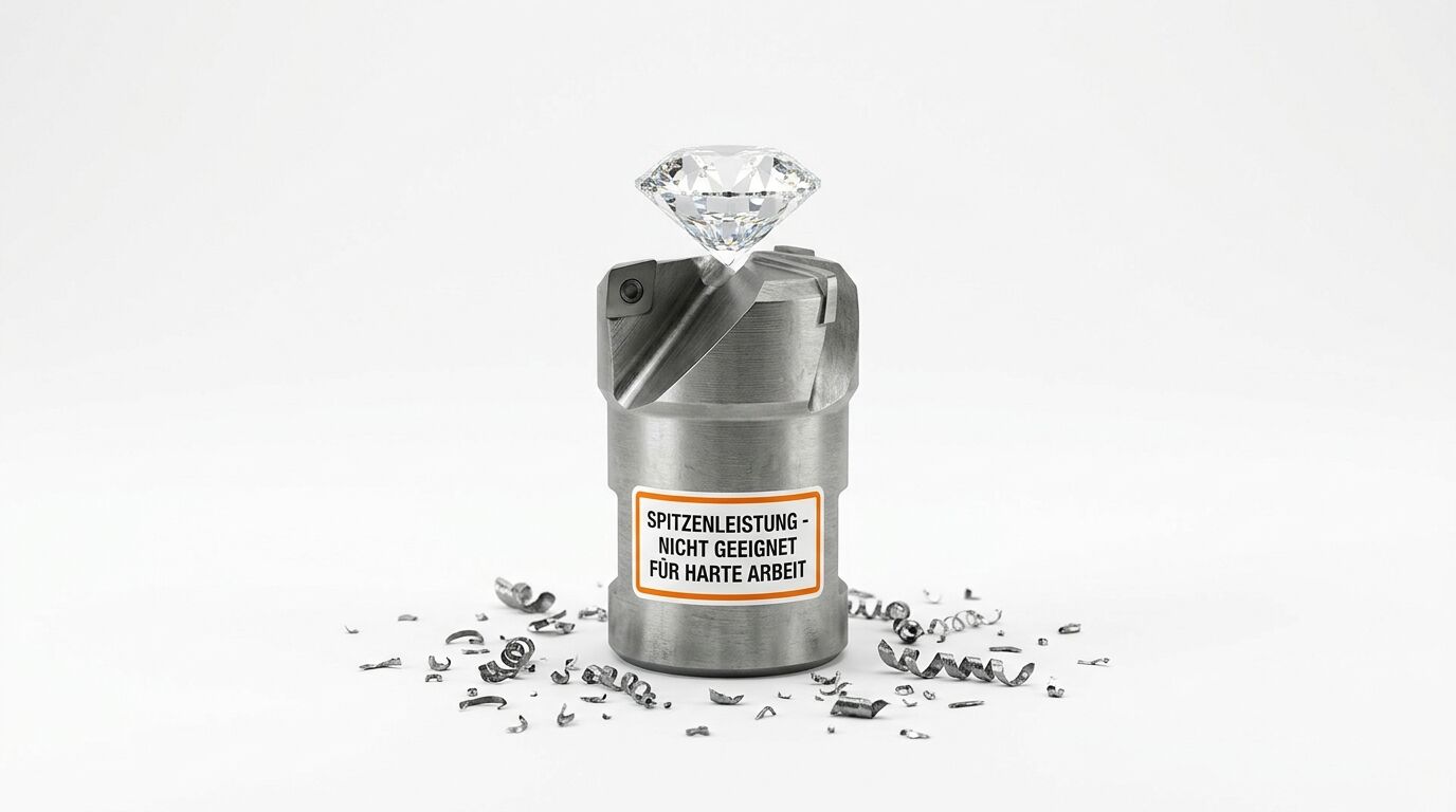 Fräskopf mit Diamant, Metallspänen und deutschem Textaufkleber auf weißem Hintergrund