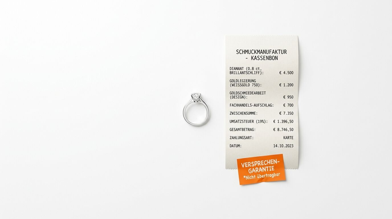Ein Diamantring, ein Kassenbon und eine orangefarbene Garantiemarke auf weißem Grund