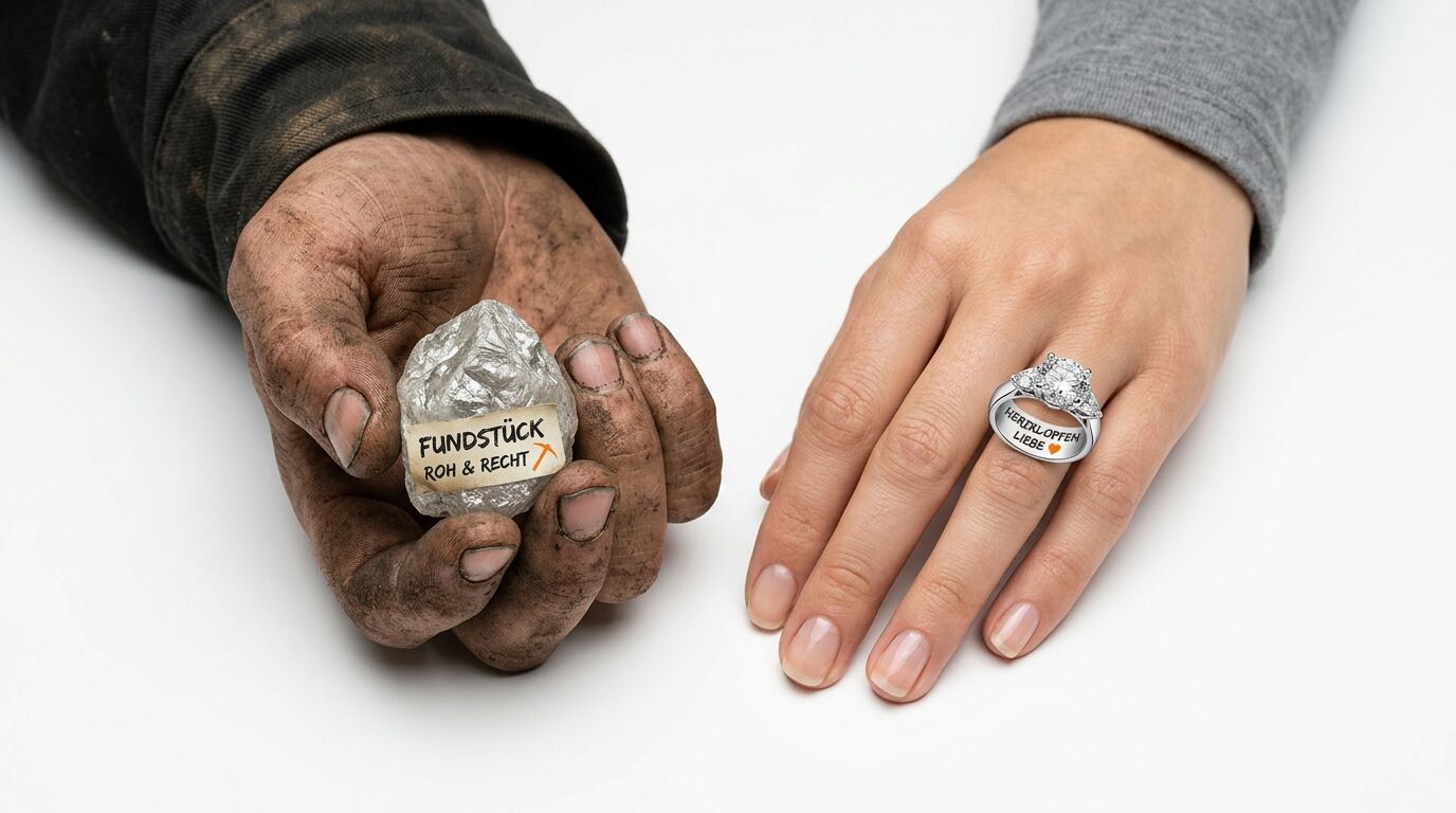 Schmutzige Bergmannshand mit Rohdiamant und saubere Hand mit Diamantring auf Weiß