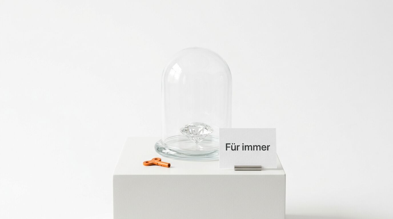 Ein Diamant unter Glasglocke mit Karte „Für immer“ und Schlüssel auf weißem Sockel