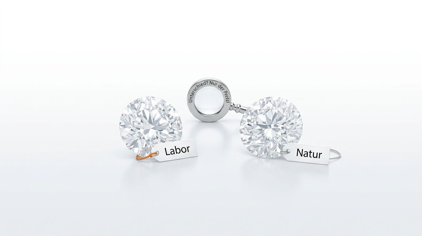Zwei Diamanten mit Anhängern („Labor“, „Natur“) und einer Lupe auf weißem Grund