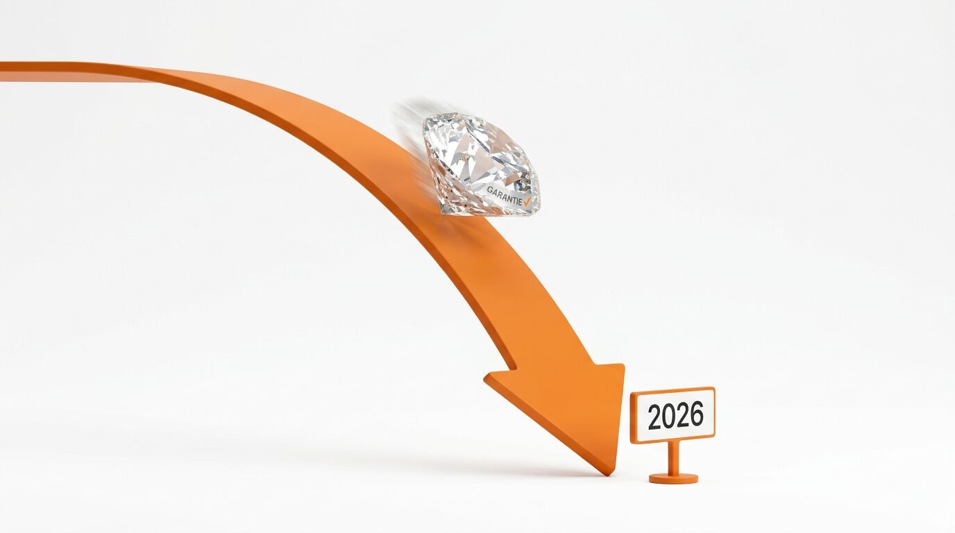 Ein nach unten gerichteter oranger Pfeil mit einem Diamanten und einem Schild „2026“