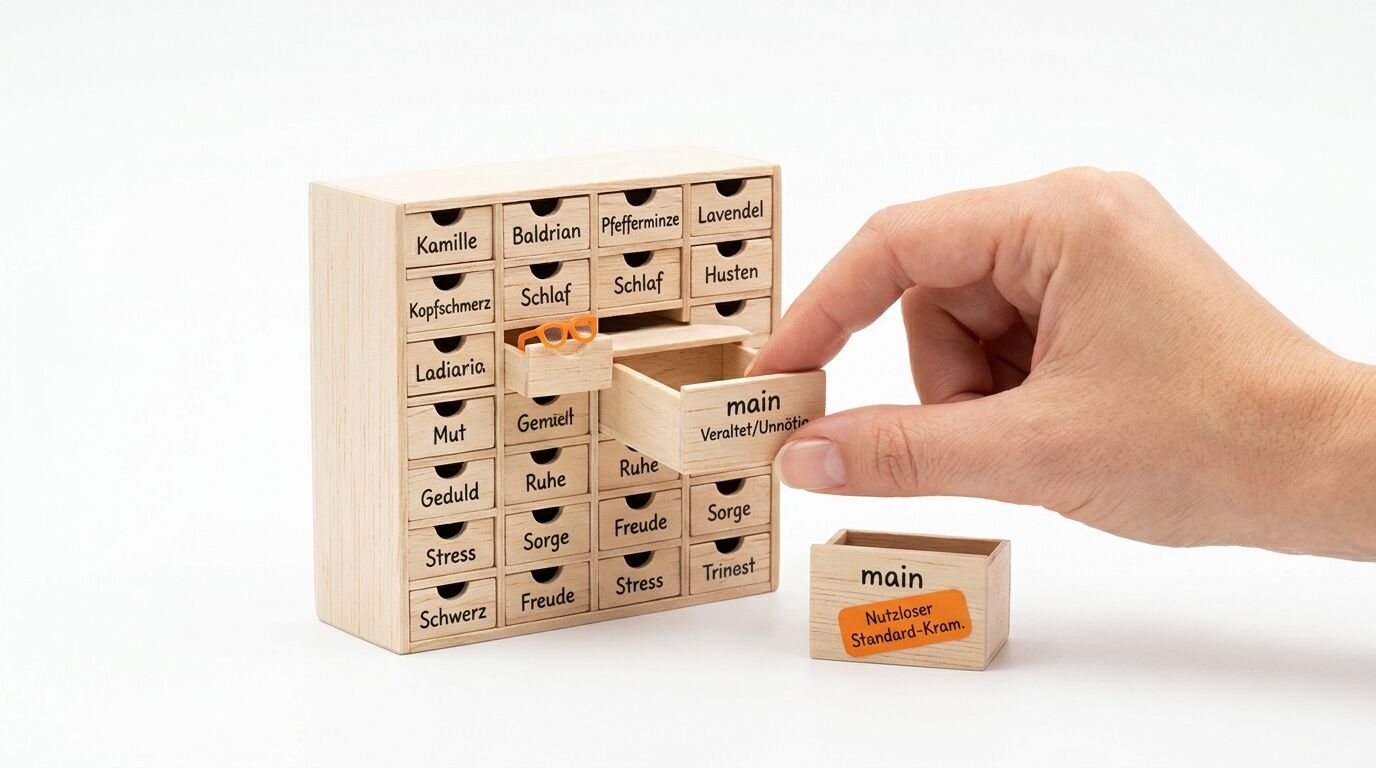 Hand zieht ein Schublädchen beschriftet mit „main“ aus einem kleinen Holzschränkchen