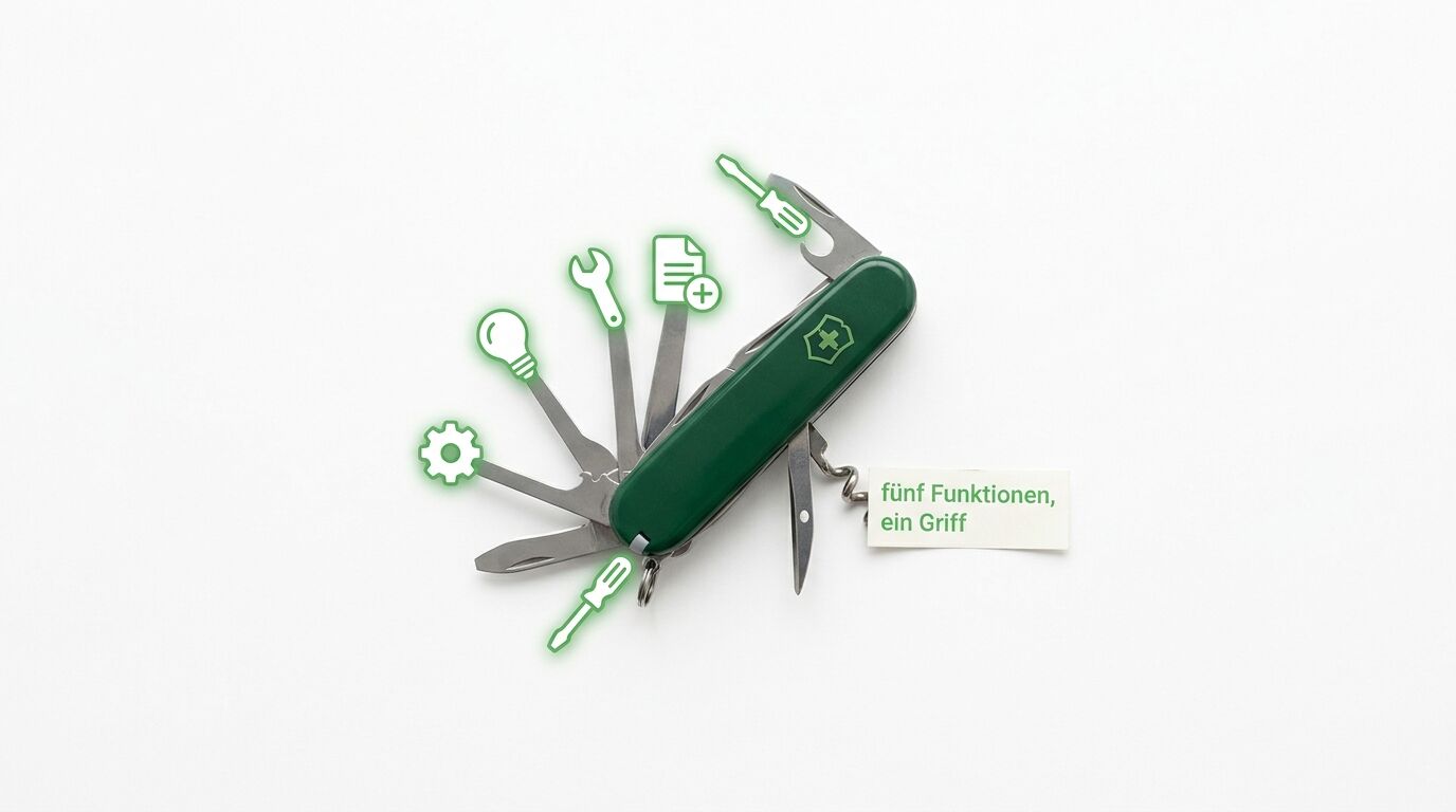 Grünes Taschenmesser mit Symbolen und Text: