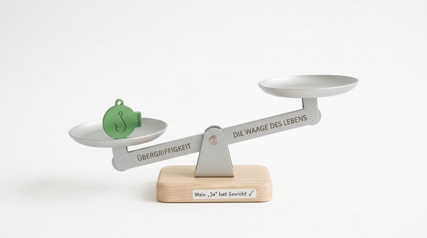 Waage mit „Haken“ links, Schrift „DIE WAAGE DES LEBENS“ rechts, Schild „Mein ‚Ja‘ hat Gewicht“