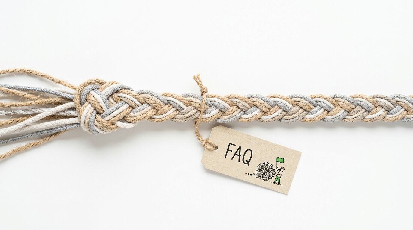 Ein geflochtenes Seil mit einem Knoten und einem „FAQ“-Anhänger auf weißem Hintergrund