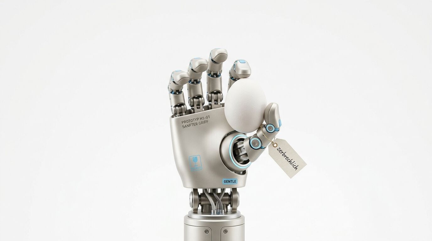 Roboterhand hält Ei mit Anhänger vor weißem Hintergrund