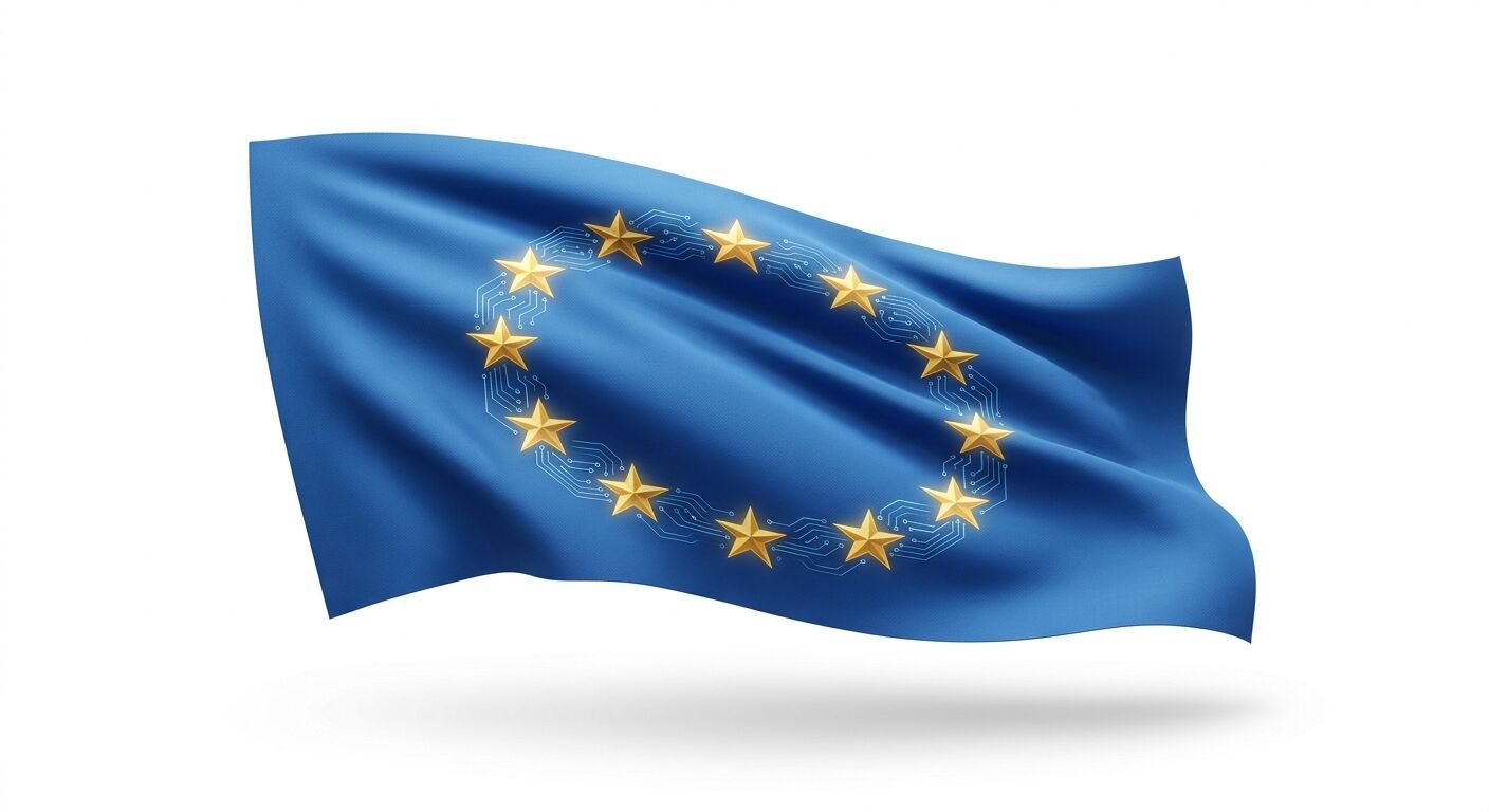 Wehende EU-Flagge mit einem Sternenkreis aus Leiterbahnen und goldenen 3D-Sternen