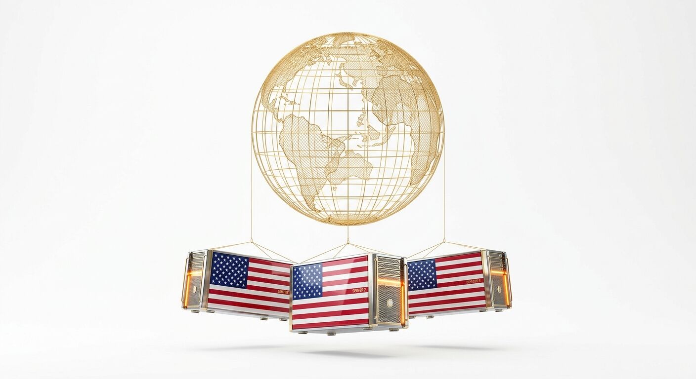 Drei Server mit USA-Flagge hängen an einem goldenen Drahtgitter-Globus vor weißem Grund