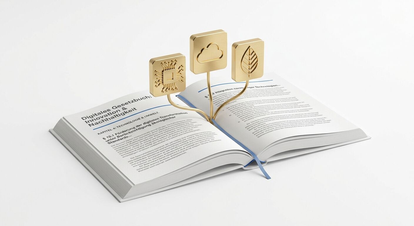 Geöffnetes Buch mit goldener Pflanzenstruktur und Icons für Chip, Cloud und Blatt