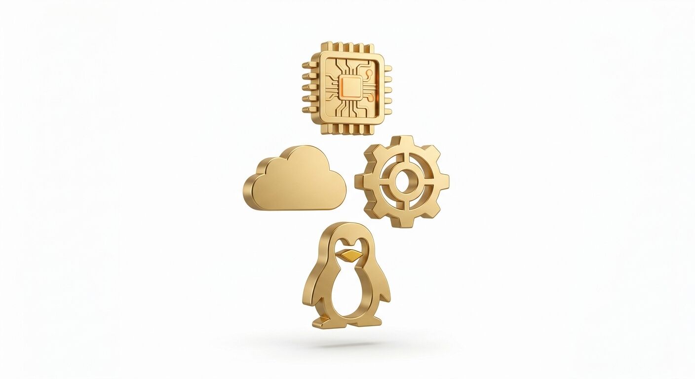 Goldene IT-Symbole: Prozessor, Cloud, Zahnrad und Pinguin vor weißem Hintergrund
