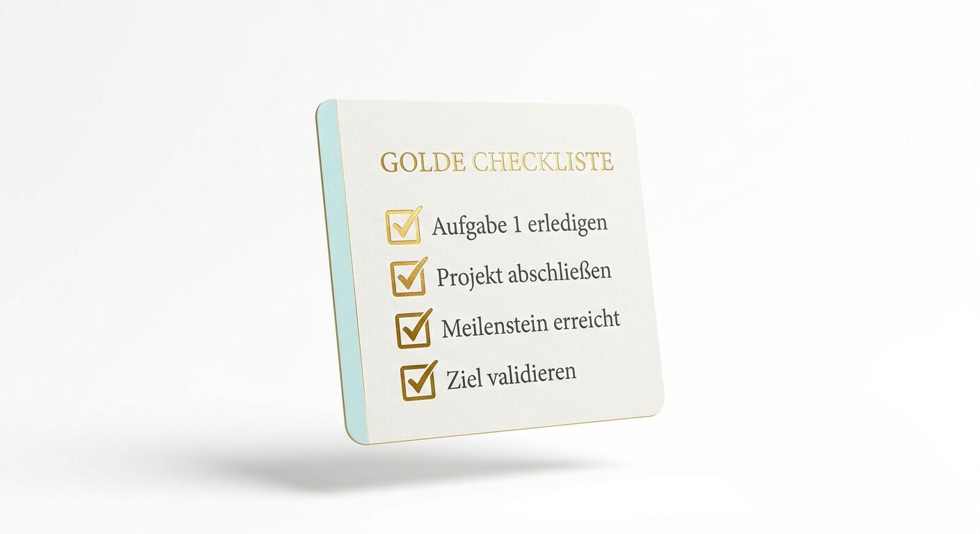 GOLDE CHECKLISTE mit vier golden abgehakten Punkten auf einer schwebenden, cremefarbenen Karte