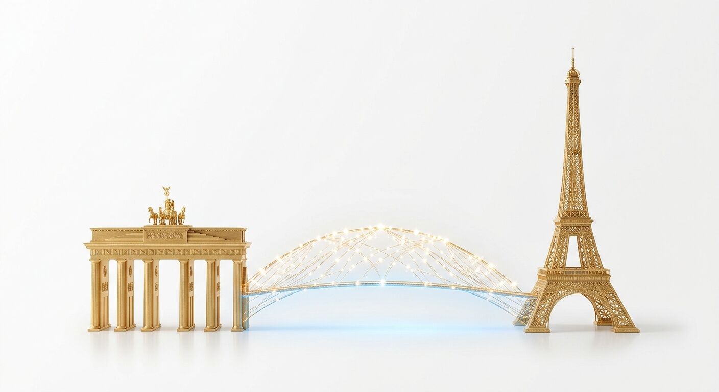 Goldenes Brandenburger Tor und Eiffelturm, verbunden durch eine leuchtende goldene Brücke