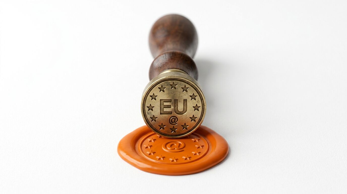 Ein Wachssiegelstempel aus Holz und Messing steht auf einem frischen, orangefarbenen Wachsabruck