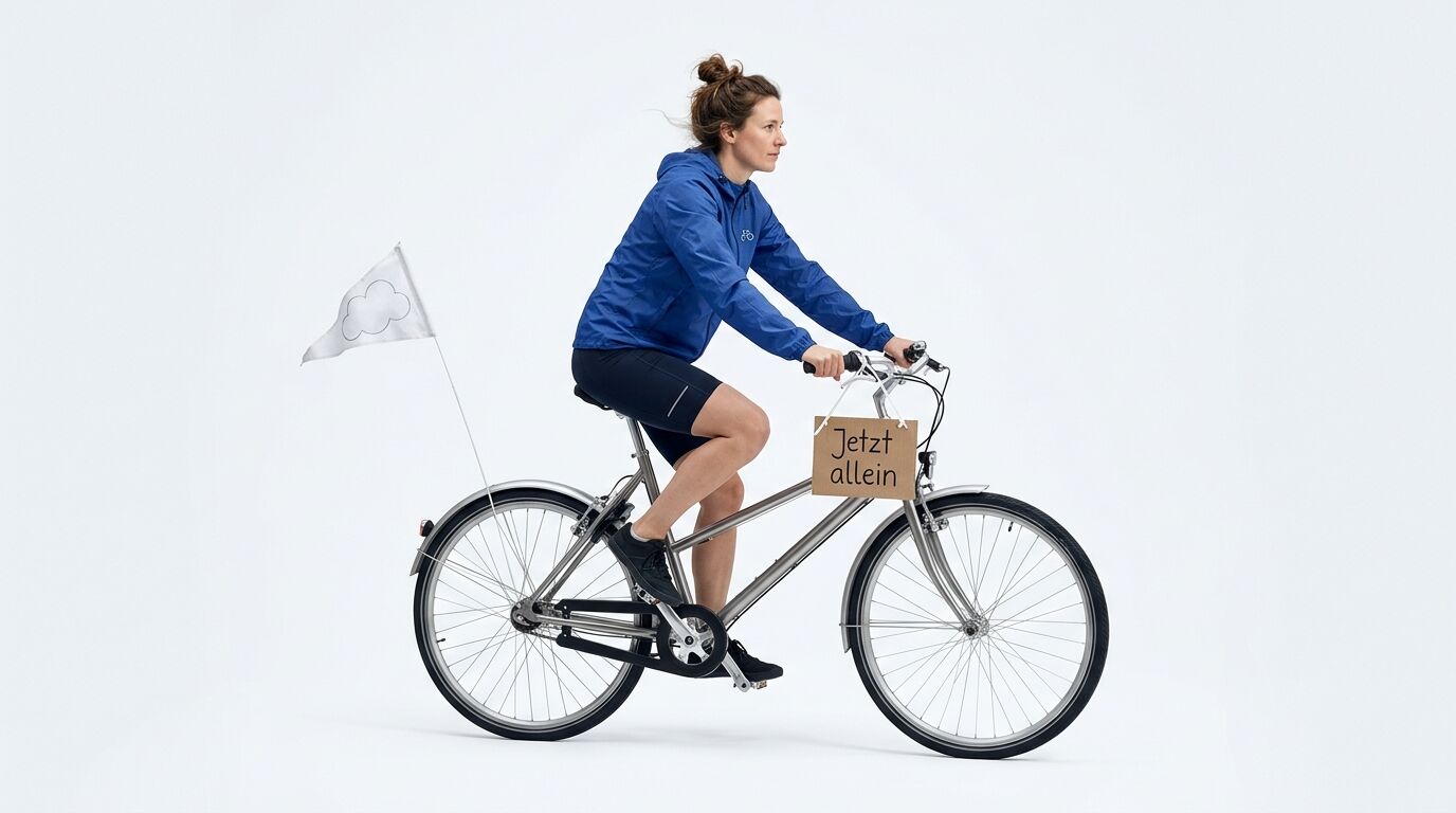 Frau fährt Fahrrad mit „Jetzt allein“-Schild und Wolkenfahne vor weißem Hintergrund