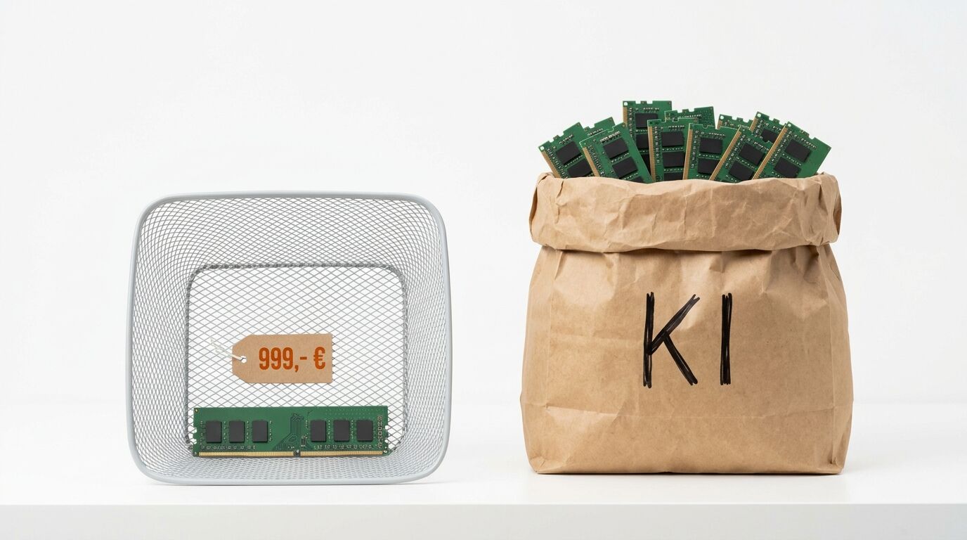 Drahtkorb mit RAM-Riegel und Preisschild neben Papiertüte mit RAM-Riegeln und Aufschrift „KI“
