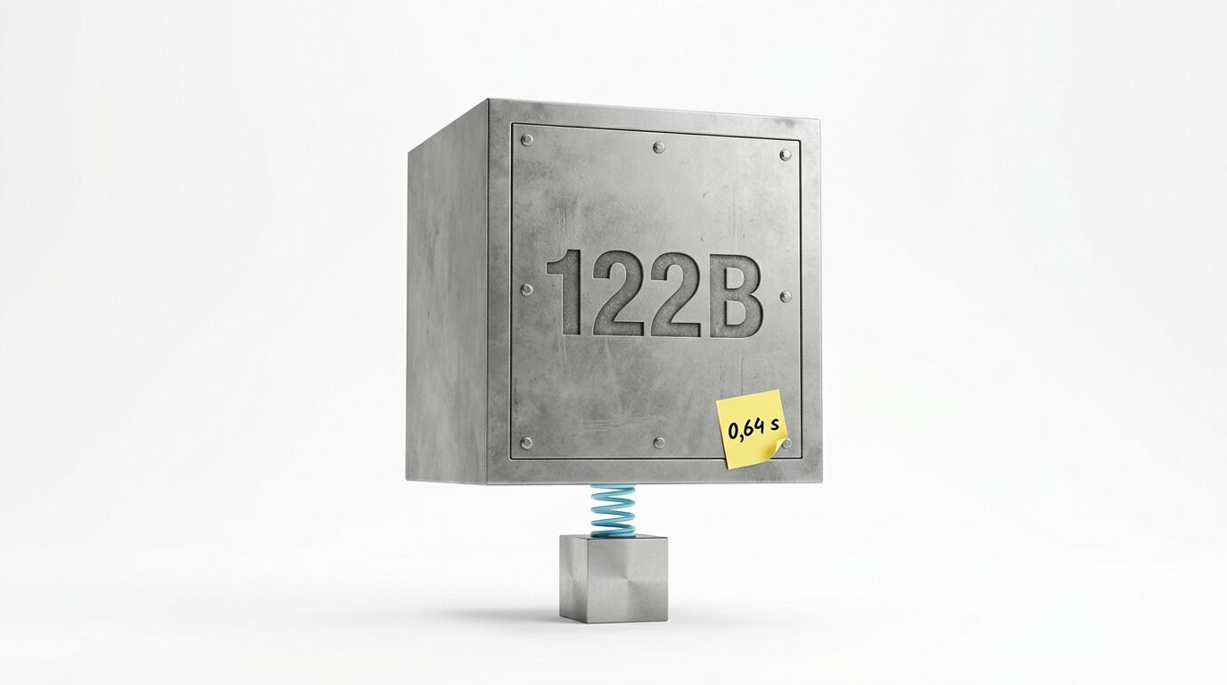 Ein Metallwürfel mit der Aufschrift „122B“ und einem gelben Notizzettel auf einer Feder