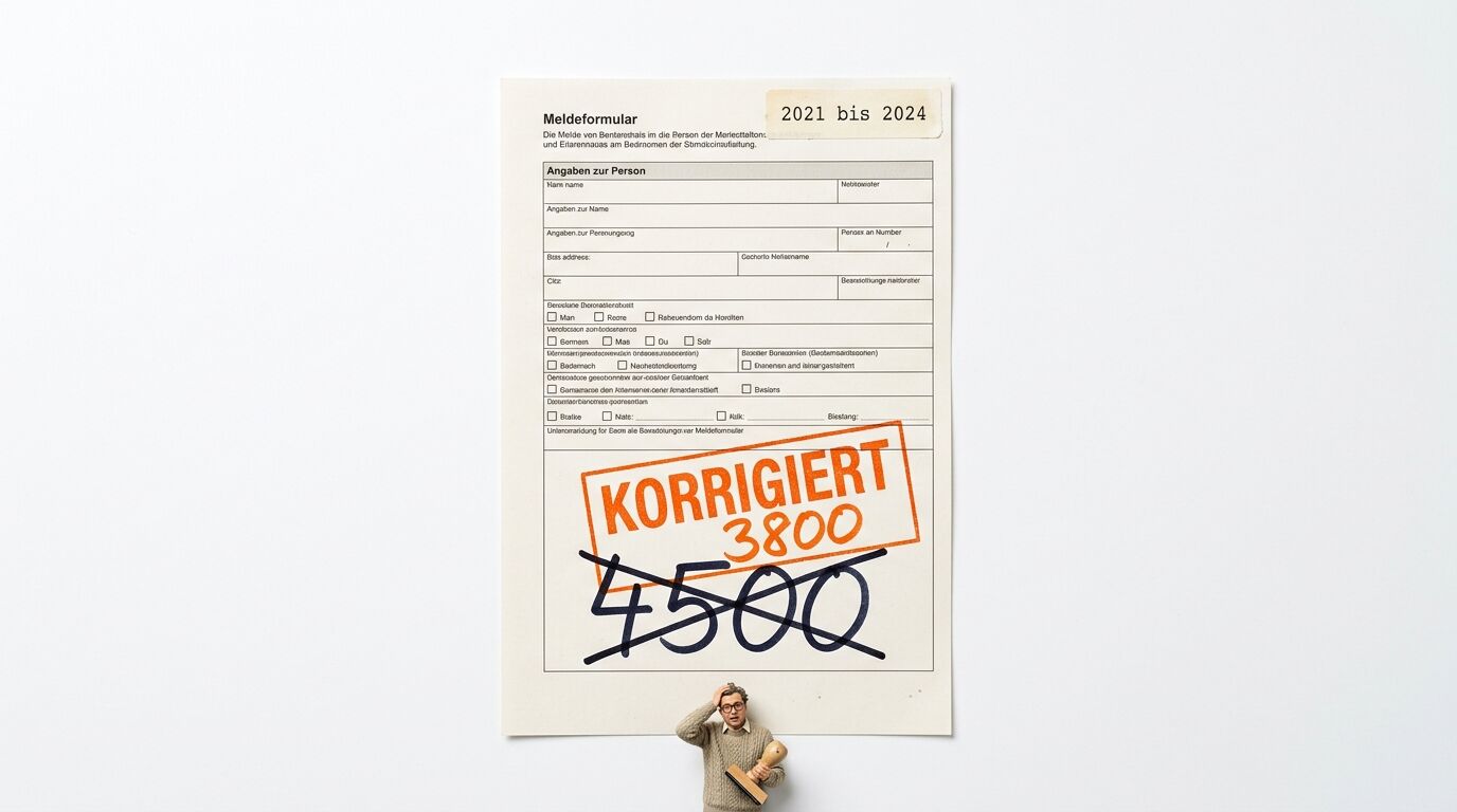 Meldeformular, Stempelkorrektur „4500“ auf „3800“, verwirrte Miniaturfigur hält Stempel