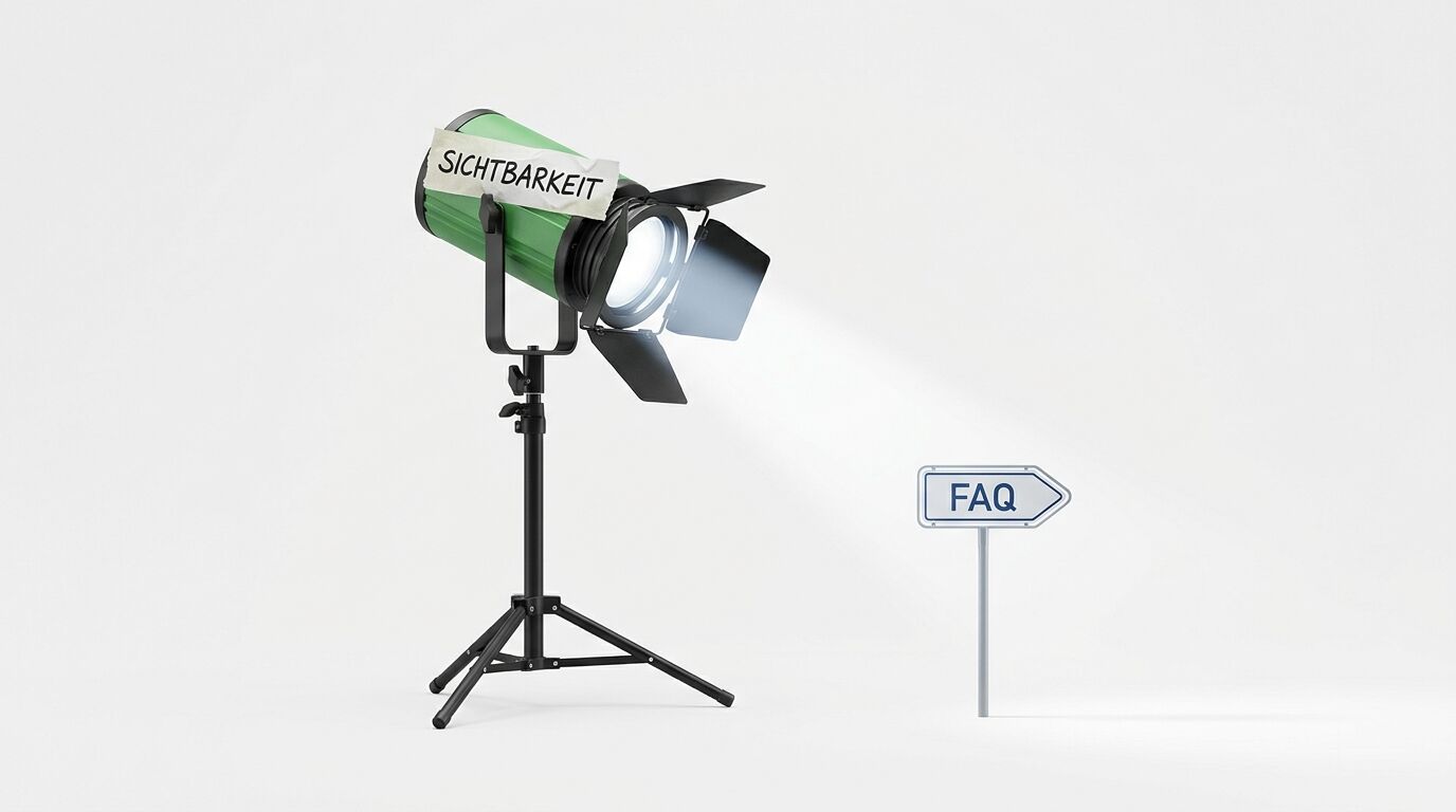 Studio-Spotlight mit Schild „SICHTBARKEIT“ beleuchtet ein „FAQ“-Hinweisschild