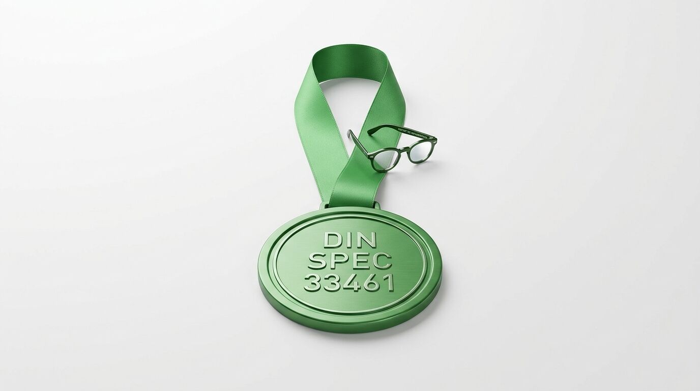Eine grüne Medaille mit der Aufschrift „DIN SPEC 33461“ und einer Brille
