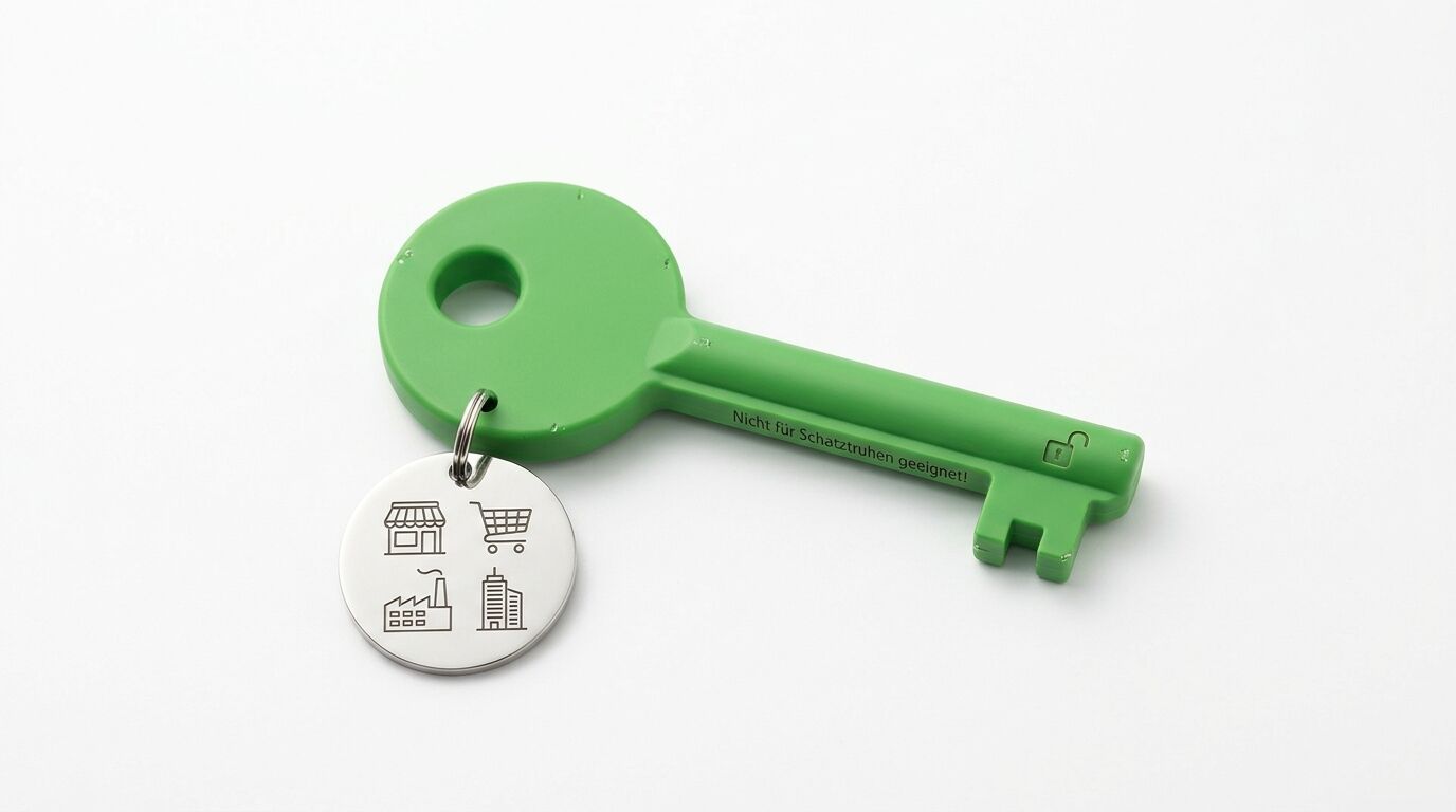 Grüner Schlüssel mit Aufschrift und Metallanhänger mit Symbolen auf weißem Grund