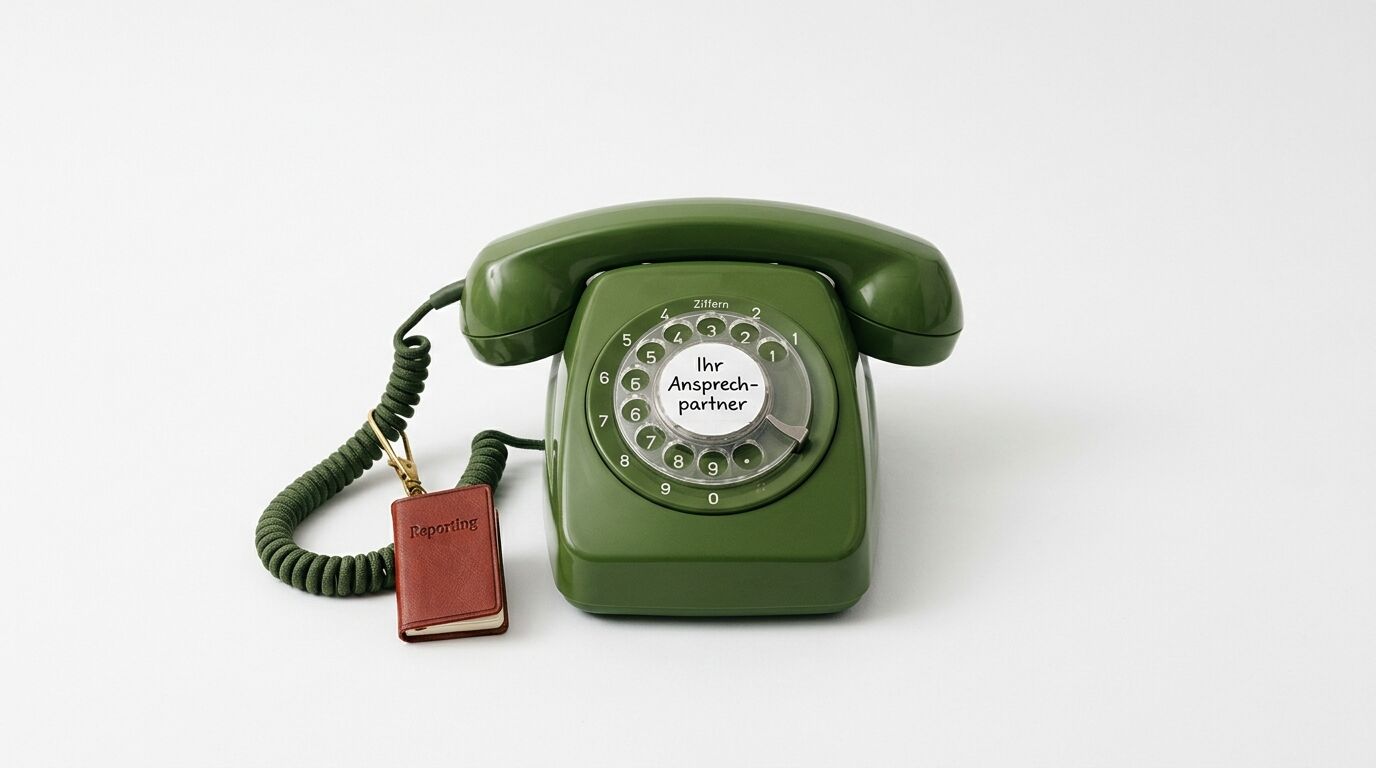 Grünes Wählscheibentelefon mit kleinem Notizbuch und Text „Ihr Ansprechpartner“