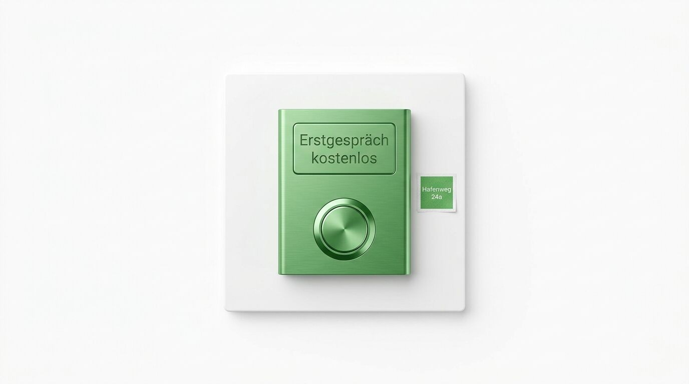 Grüner Schalter auf weißer Platte mit Schrift „Erstgespräch kostenlos“ und kleinem Adressschild