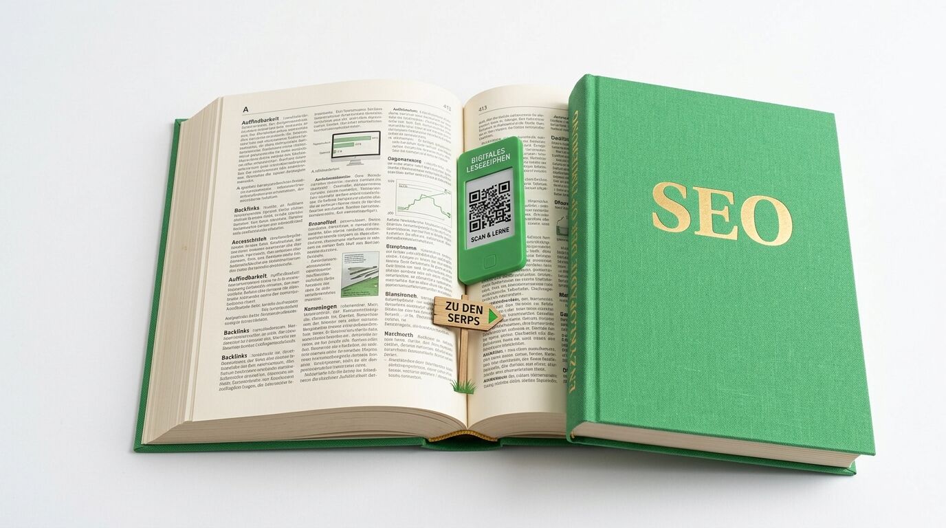 Geöffnetes und geschlossenes grünes SEO-Buch mit digitalem Lesezeichen und Holzpfeil
