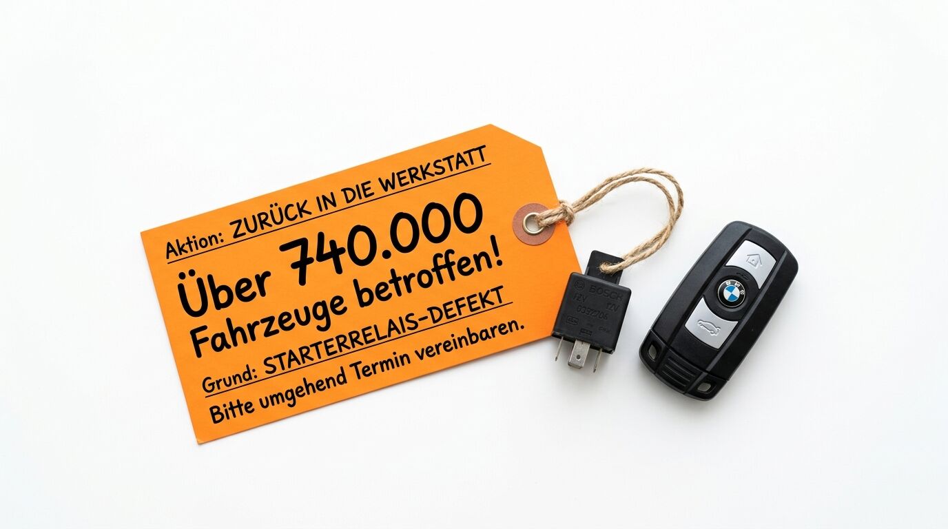 Orangefarbener Anhänger mit Rückruf-Text, Starterrelais und BMW-Schlüssel auf weißem Grund