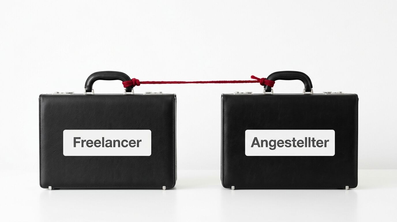 Zwei Aktenkoffer, verbunden durch rote Schnur, beschriftet mit Freelancer und Angestellter