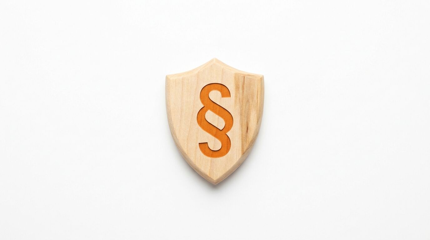 Hölzernes Schutzschild mit orange ausgefülltem Paragraphen-Symbol auf weißem Grund