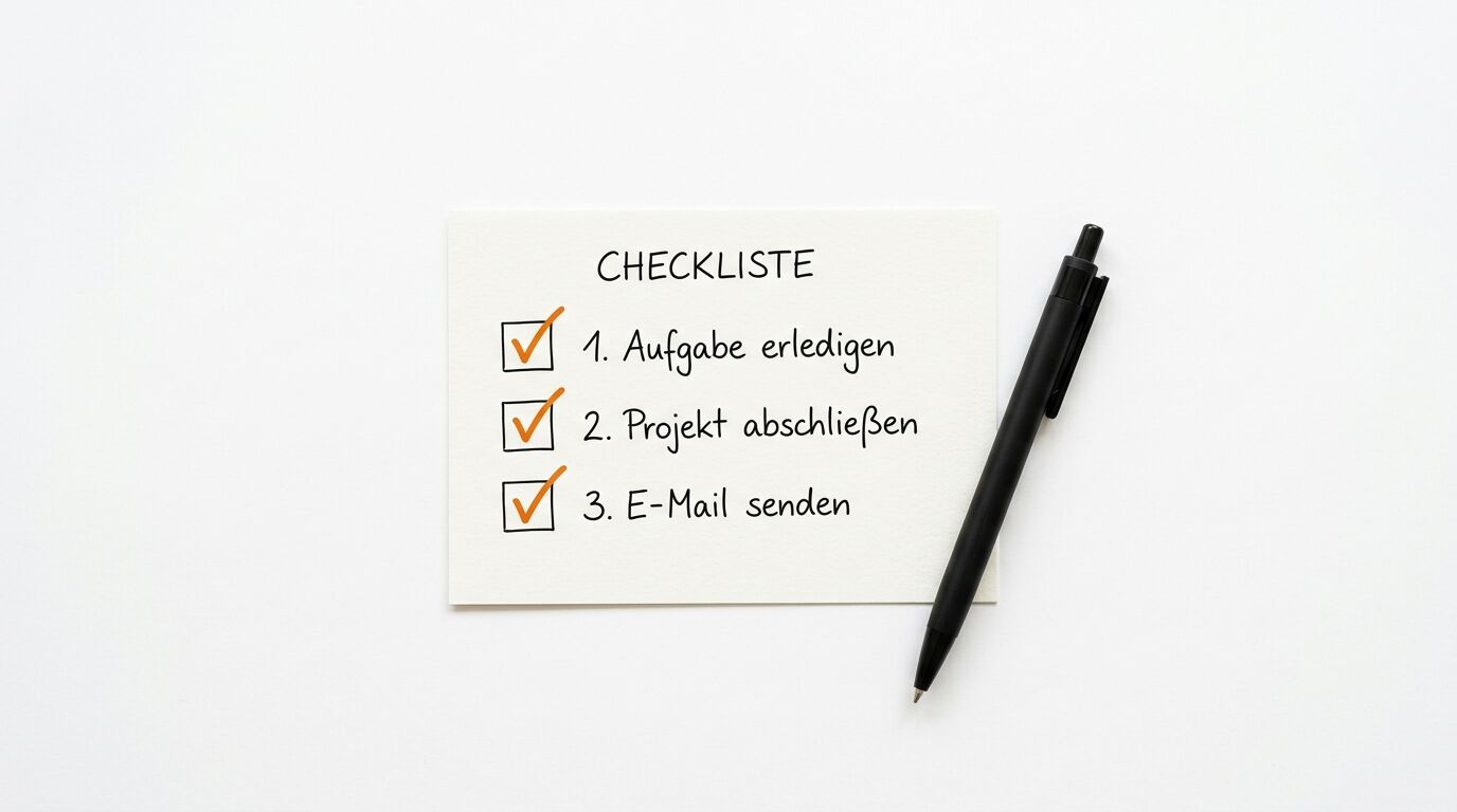 Karte mit drei abgehakten Aufgaben und Stift