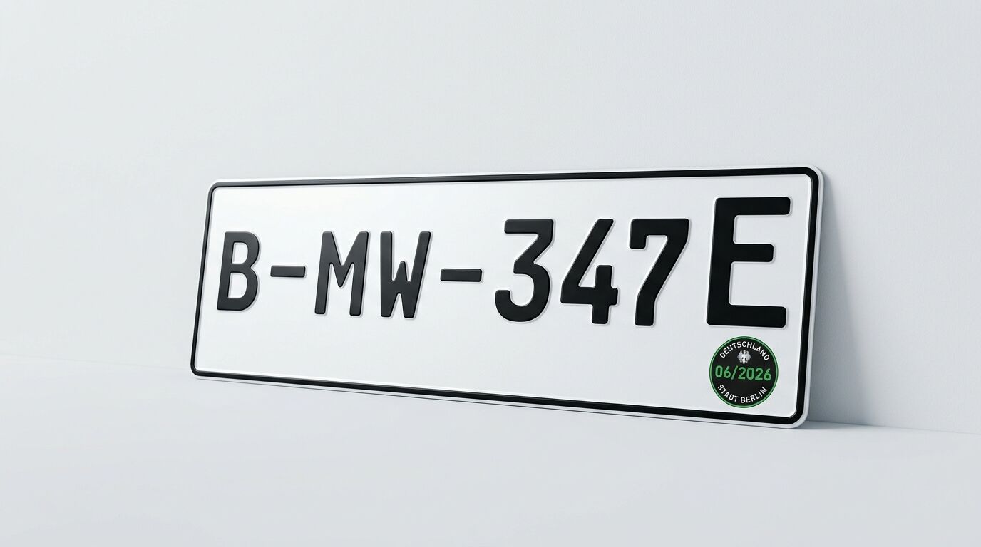 Deutsches E-Kfz-Kennzeichen B-MW-347E an weißer Wand, HU-Plakette: Stadt Berlin 06/2026